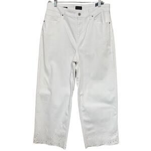 Talbots WIDE LEG CROP JEANS Size 10 White Denim Eyelet Lace Embroidered Hems NEW